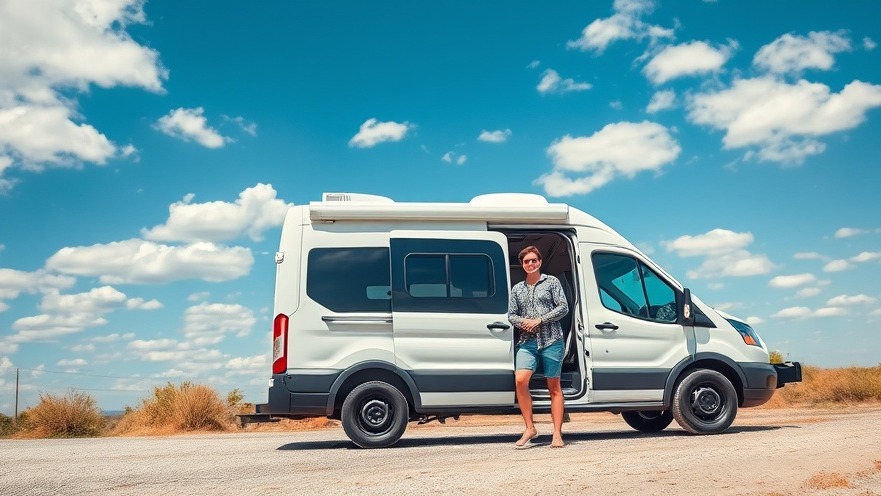 Smiling couple enjoying van life benefits outdoors beside a white van.