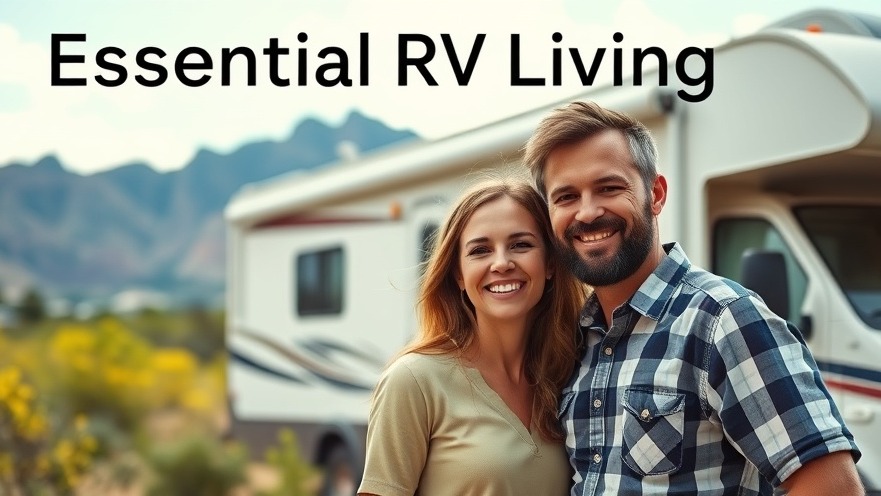 Smiling couple enjoying RV lifestyle in picturesque boondocking spot with nature.