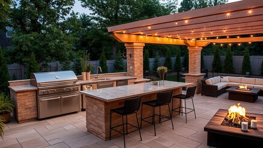 Luxurious outdoor kitchen with fire pit, perfect for backyard makeover ideas.