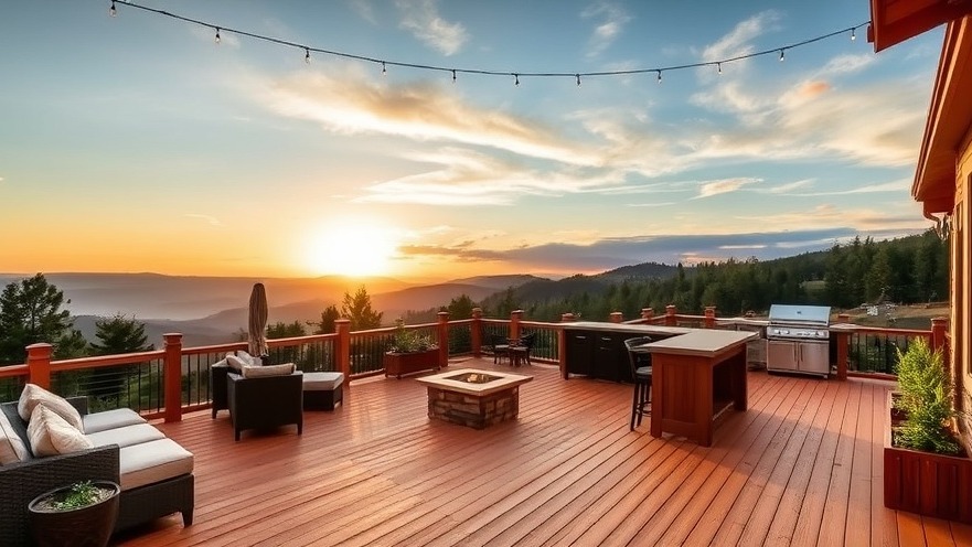Warm-toned hardwood deck with cozy lounge, fire pit, and greenery for summer home improvements.