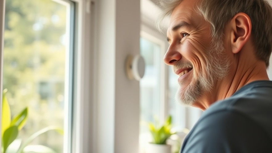 Satisfied homeowner enjoying sunlight through clean windows in a vibrant kitchen.