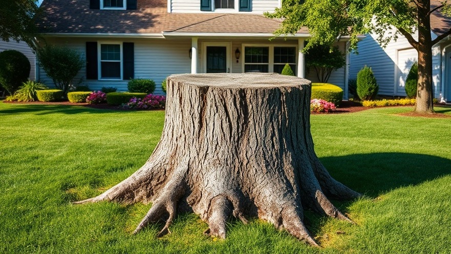 Attractive suburban home with lush lawn, overshadowed by an unsightly tree stump.