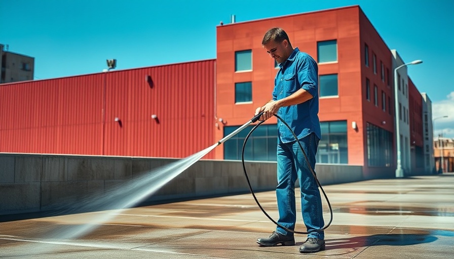 Man performing pressure washing marketing outside a red building.