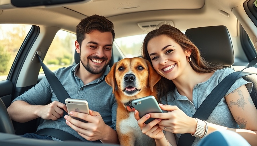 Young couple with dog in a car, candid daylight moment