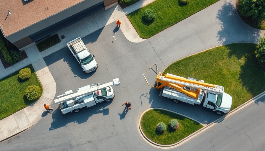 Aerial view of trucks near a building for pressure washing business tips.