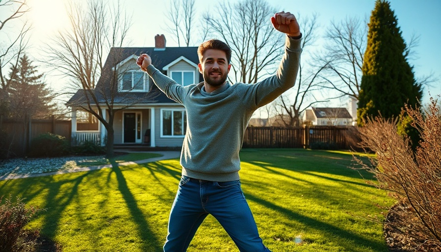 Outdoor triumphant pose person in garden, clear sky, home in background.