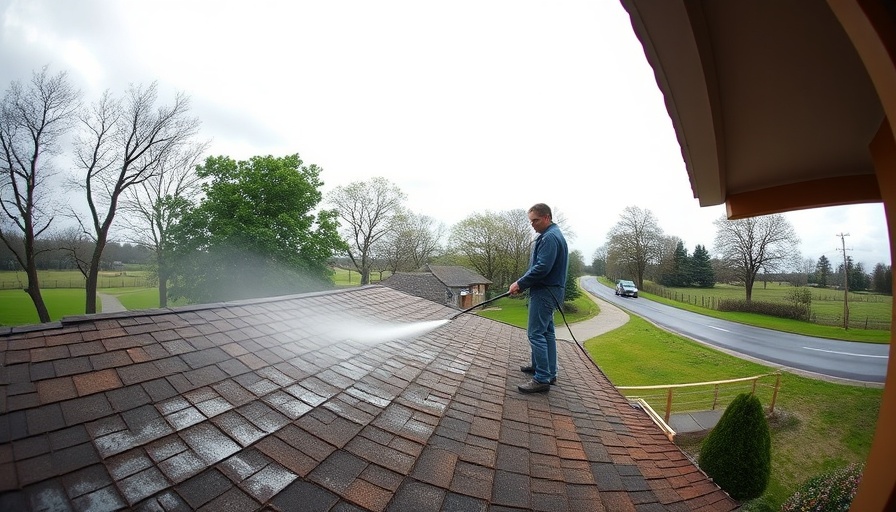 Pressure washing a roof with equipment in rural setting, overcast.