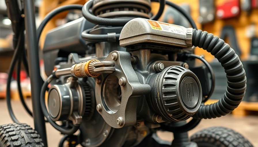 Pressure washer engine components in a workshop.