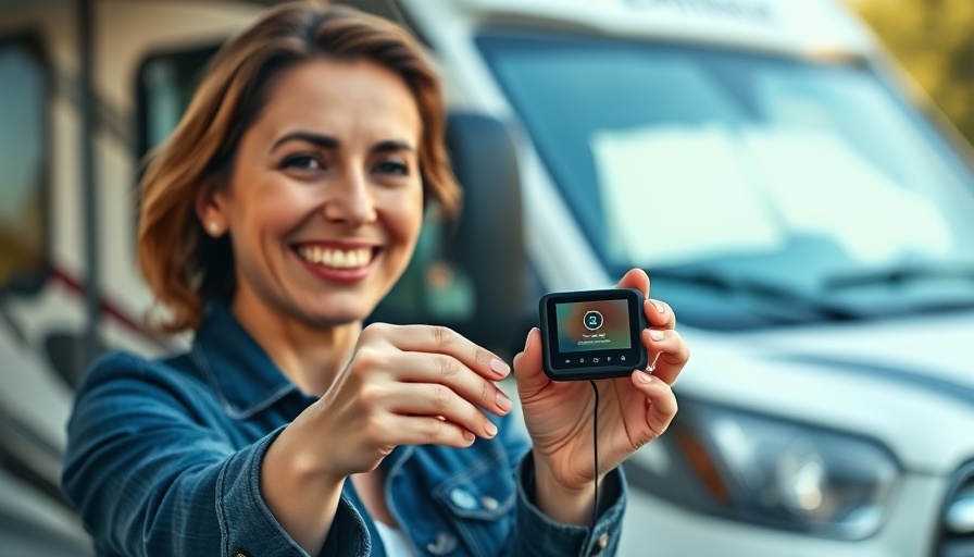 Woman holding RV living necessity with focus on device.