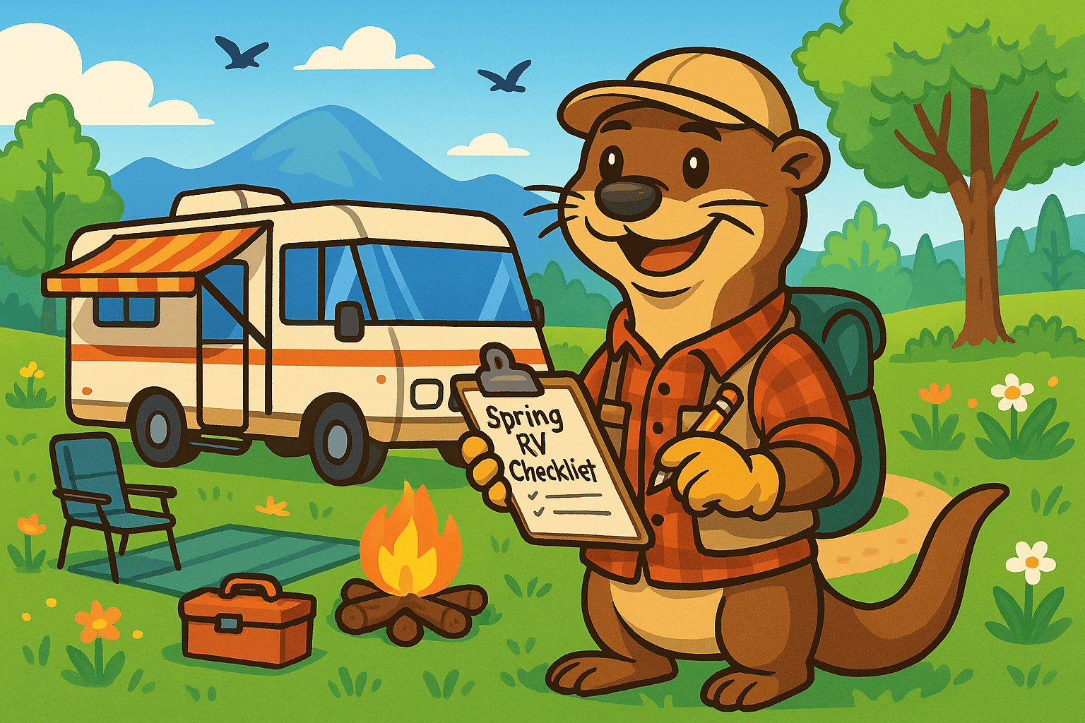 RV Otter - Concerned woman near RV showing maintenance error, RV maintenance tips.
