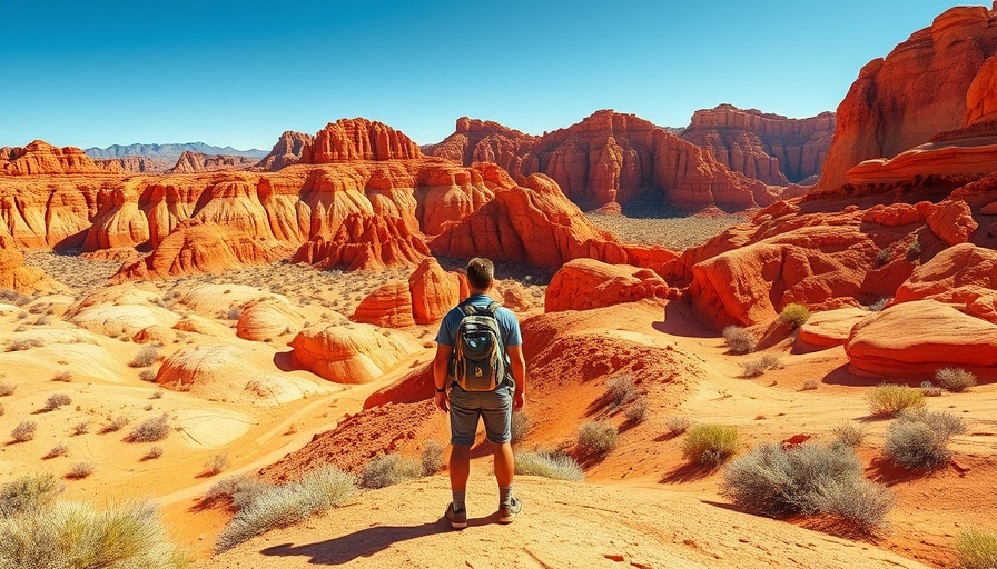 Valley of Fire State Park with hiker in foreground, stunning sandstone formations.