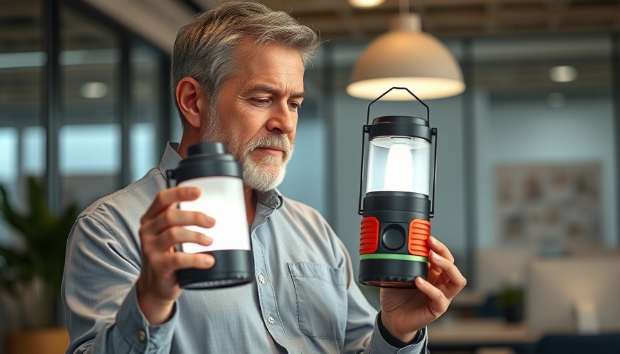 Mature man examining 3000 lumen camping lantern in office.