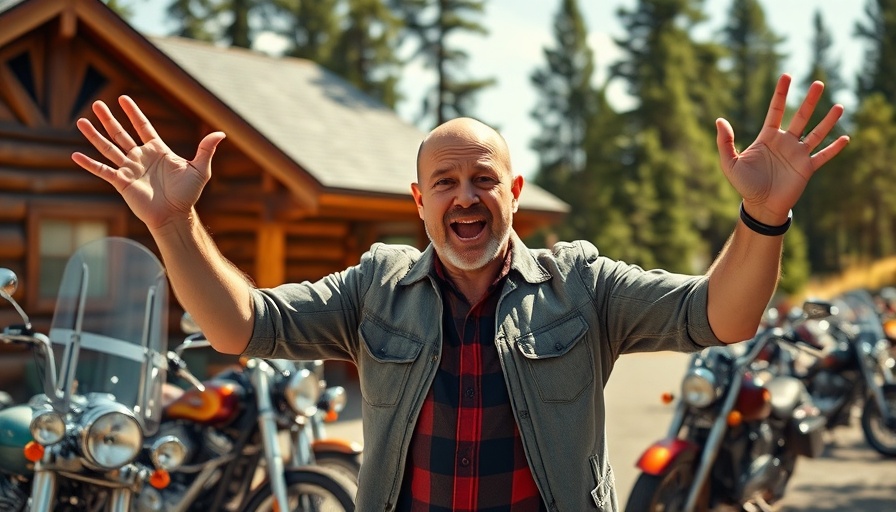 Enthusiastic man at Sturgis Rally Week, motorcycles in park