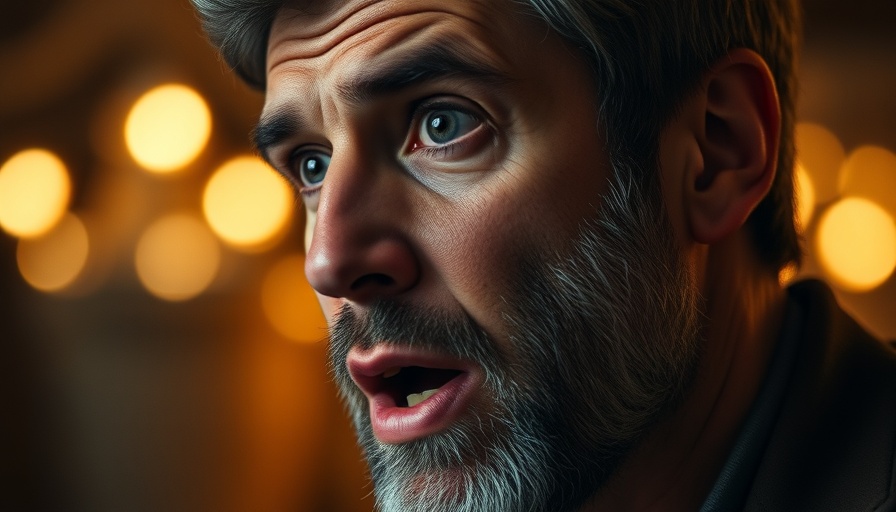 Man speaking passionately under warm lighting.