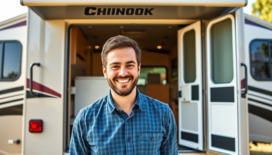 Happy individual presenting rear entry Chinook RVs in daylight.