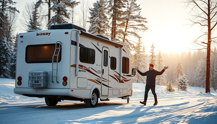 Brinkley RV winter preparedness scene with snow and tarp.