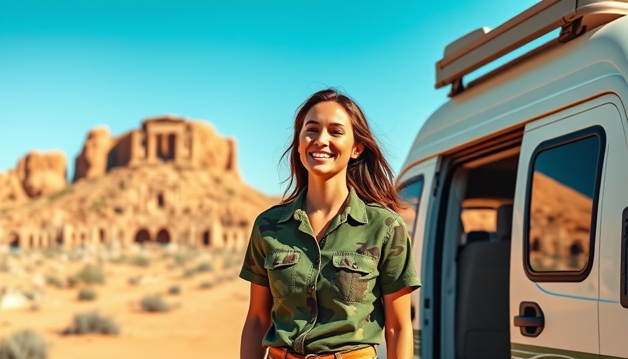Woman near camper van by Utah hidden ancient ruins in desert.