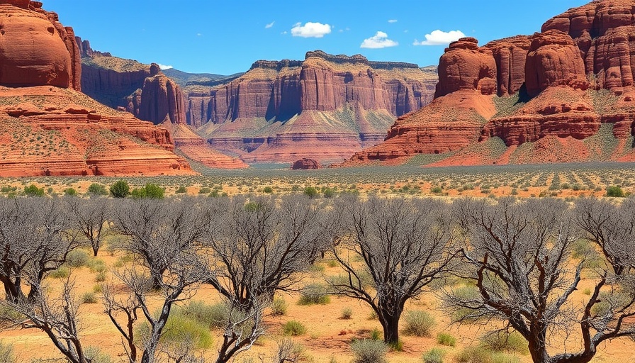 Scenic view of Capitol Reef fruit orchards with red rock cliffs.