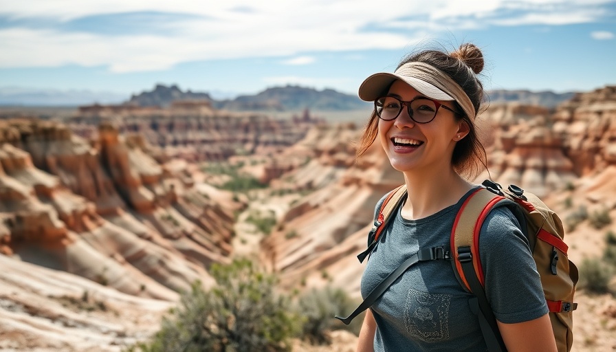 Woman hiking on Notch Trail in Badlands National Park, scenic rugged landscape.