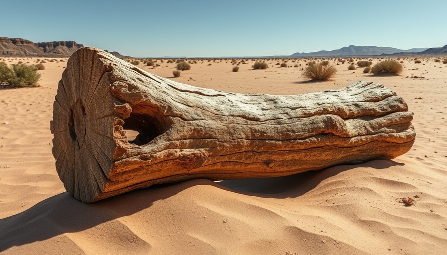 Petrified log in Petrified Forest National Park desert landscape.