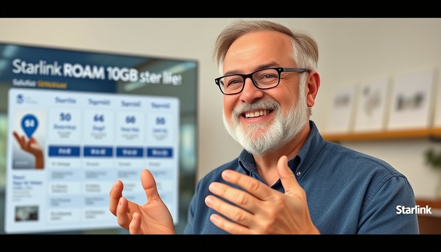 Starlink Roam 10GB plan discussed by smiling man indoors.