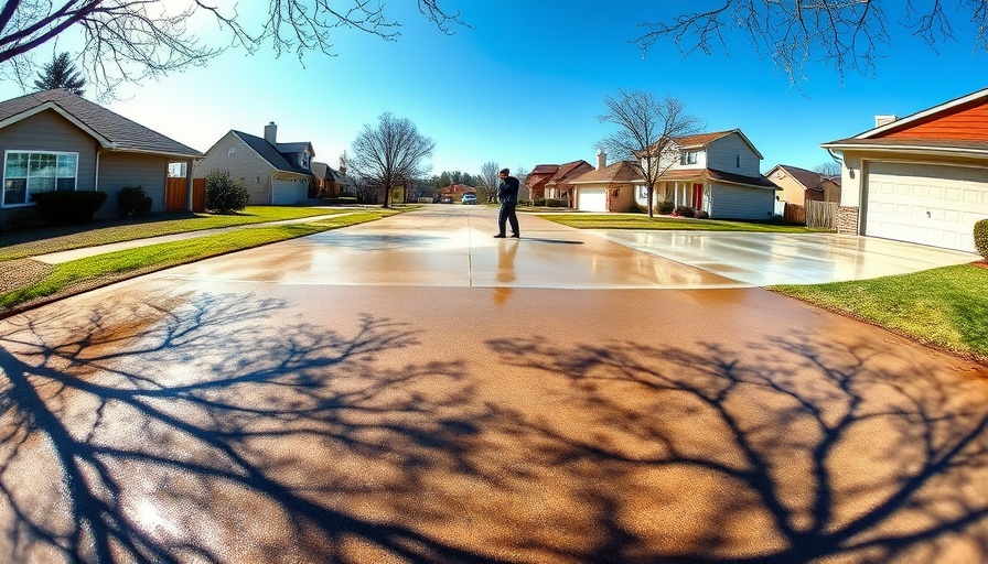 Pressure washing driveway in suburban neighborhood under clear sky.