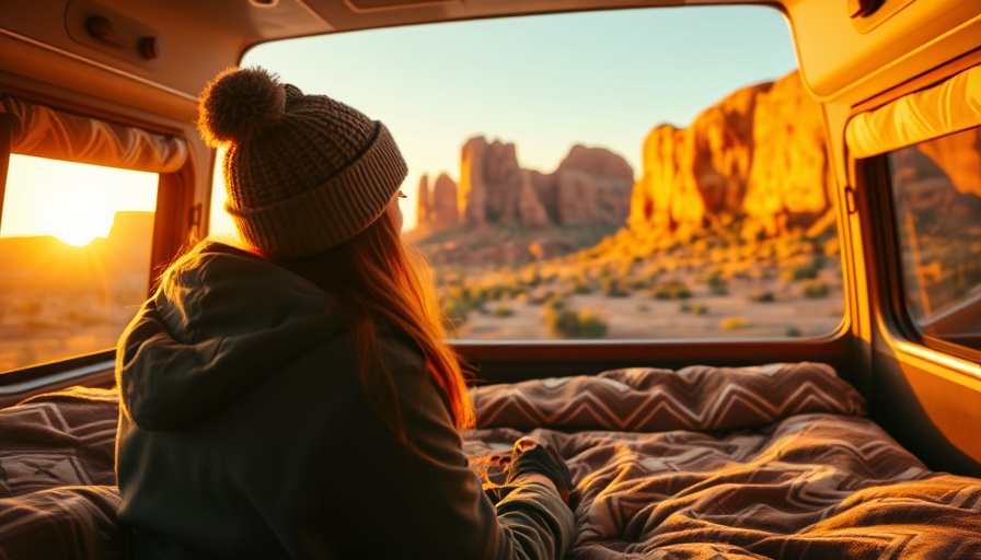 Truck camper living with scenic sunset view.