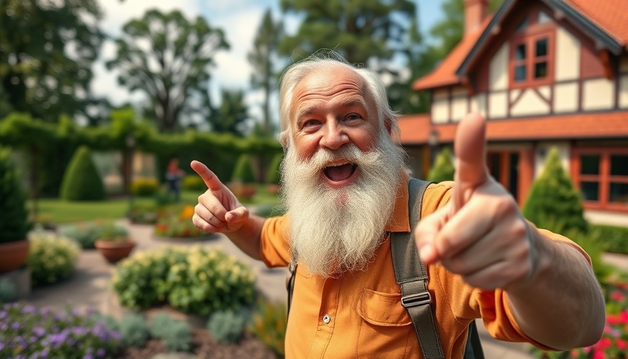 Excited man pointing at adventure banner near Thousand Trails facility.