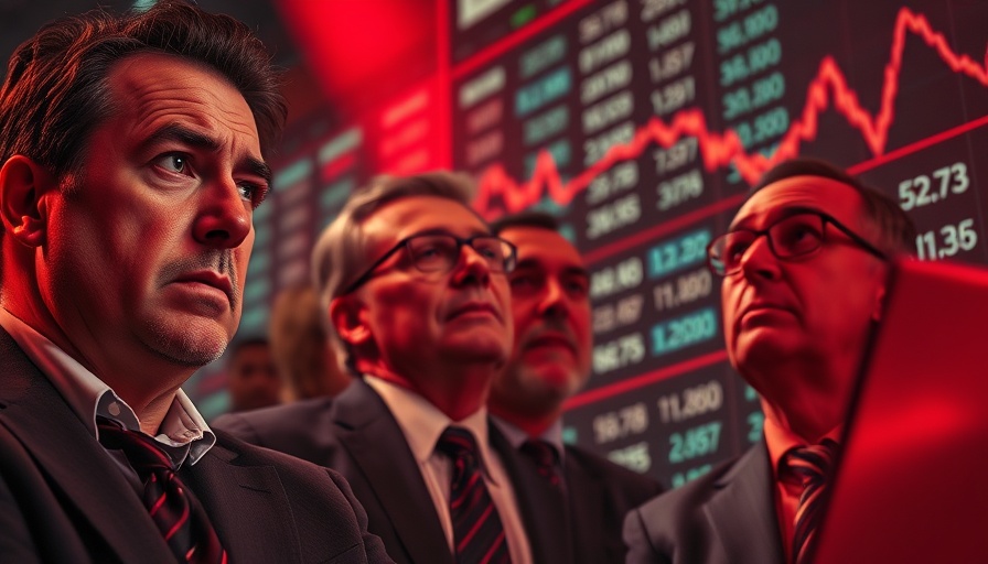 Concerned economists analyze stock market crash data, intense red chart.