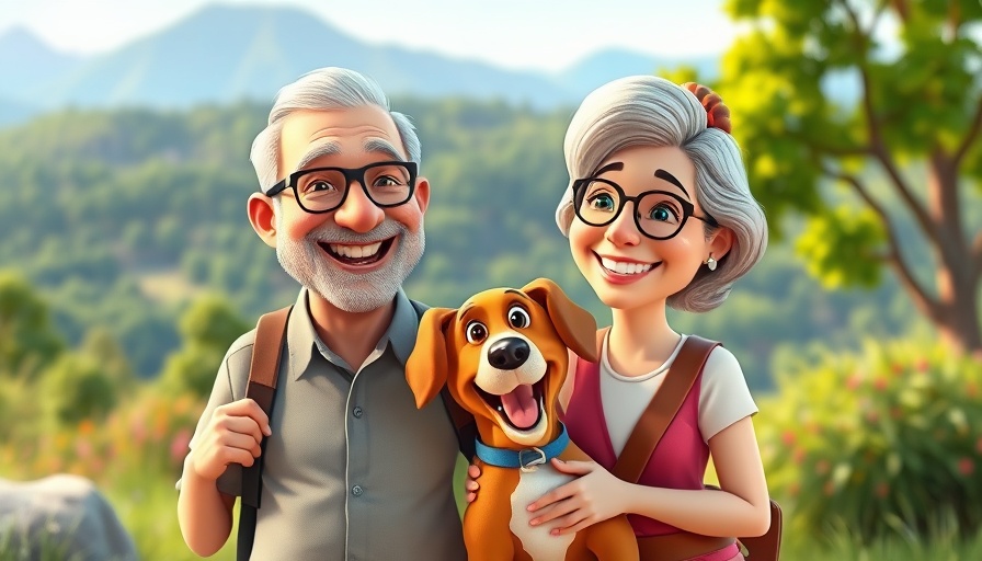 Cartoon illustration of RV lifestyle with a couple and dog in nature