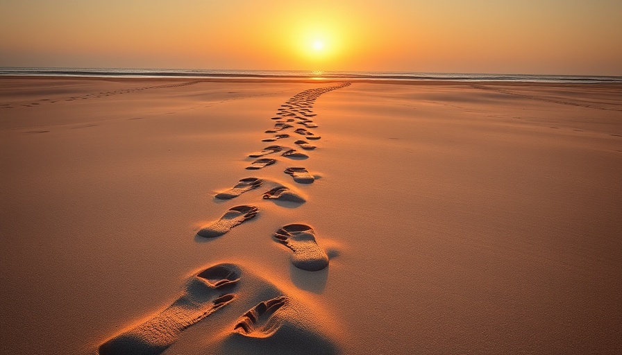 Footprints on sandy beach at sunset, ideal for RV living tips.
