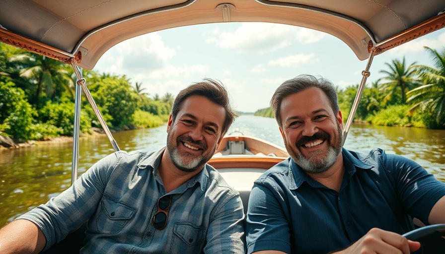 Smiling men on boat ride through 10,000 Islands Florida waterways.