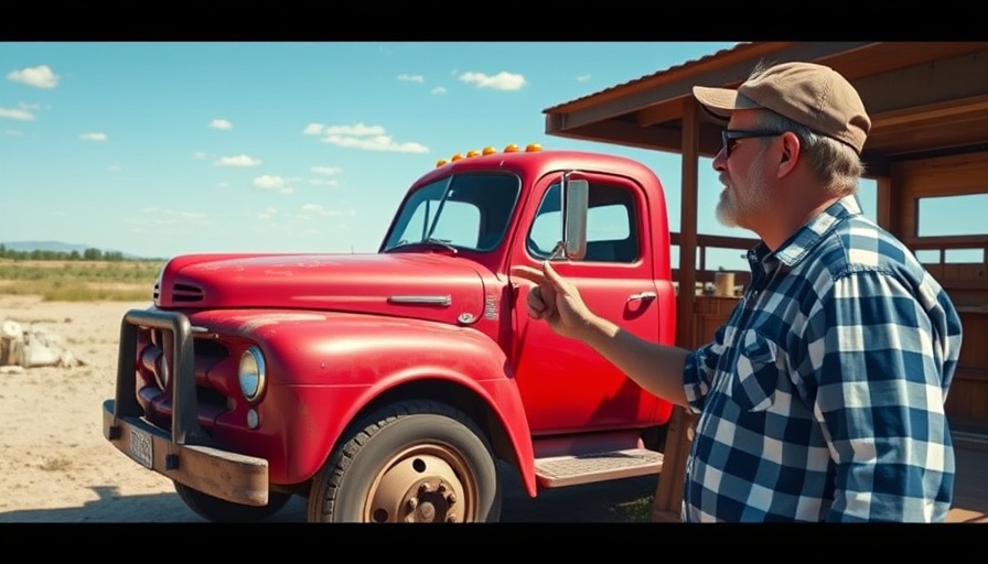 Truck Living Conversion shown with man and modified red truck under blue sky.