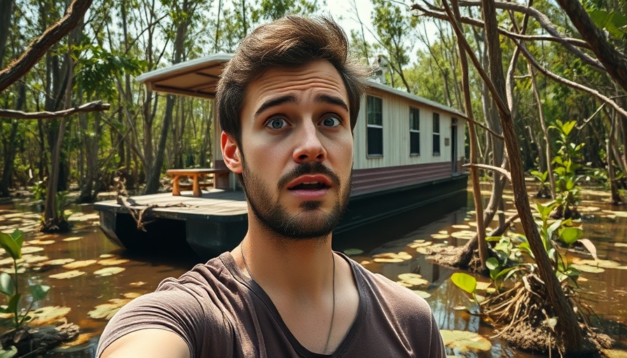 Houseboat Life in Louisiana Bayou with a surprised man and swamp surroundings.