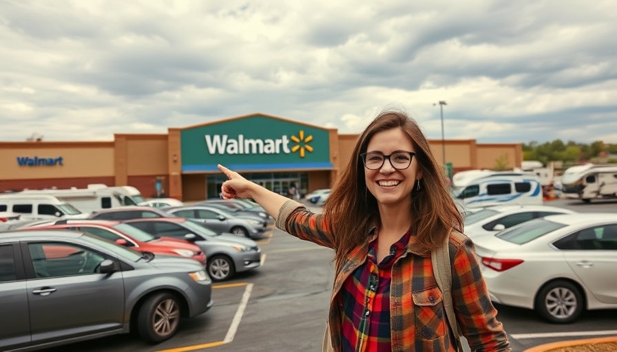Woman pointing at Walmart RV camping section with enthusiasm.