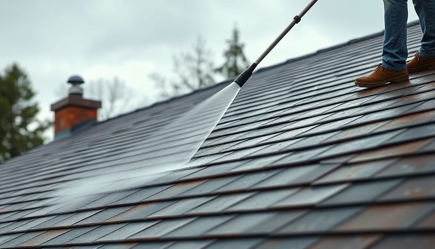Pressure washing a roof under cloudy skies.