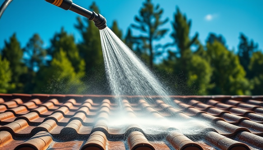 Pressure washing roof with forest background on sunny day.