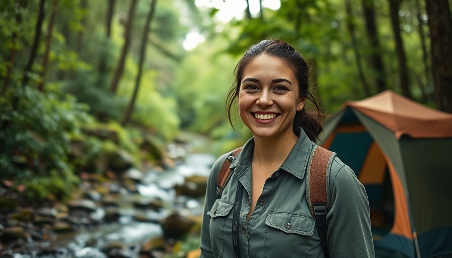 Off-Grid Camping: Woman by tent and stream in forest setting.