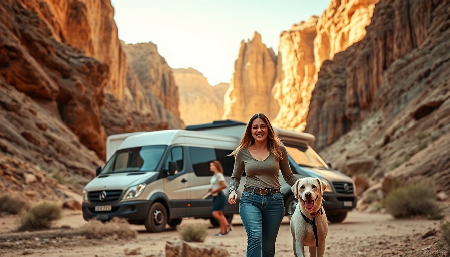 Van camping West Texas featuring a woman and dog in a canyon.