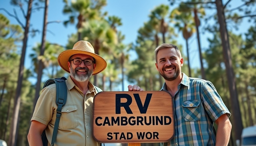 Thousand Trails Oaks at Point South campground sign with smiling campers.