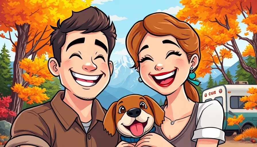 Cartoon couple and dog enjoying RV lifestyle in nature.