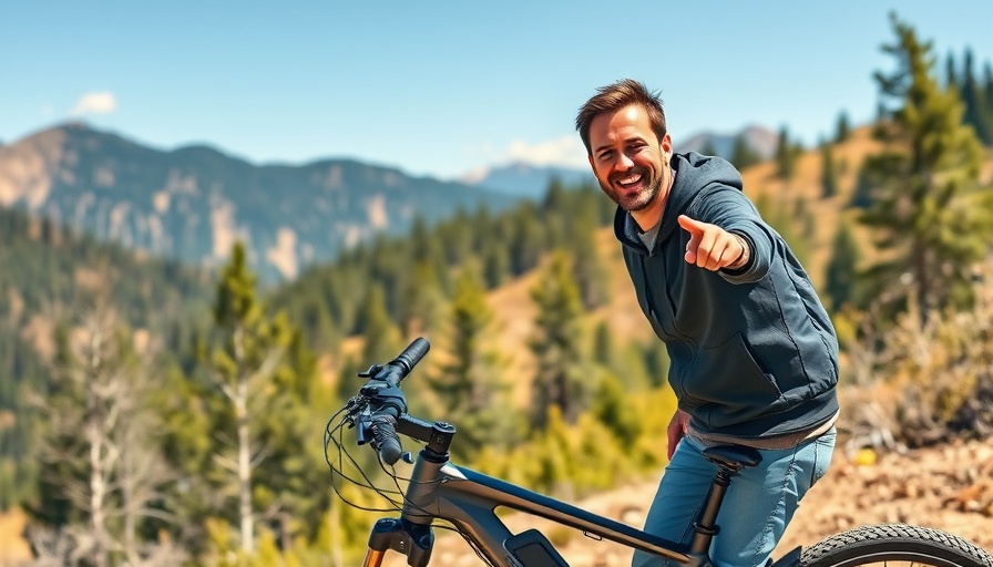 Smiling man points to eBike with mountain view - eBike Adventures.