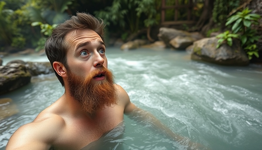 Man reacts to hot spring in lush surroundings at Hot Springs National Park.