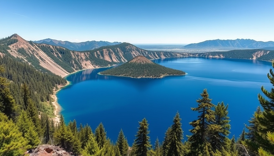 Crater Lake National Park scenic view with blue waters and forests.