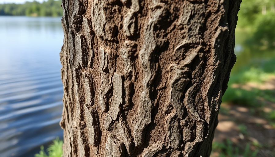 Close-up tree trunk near lake representing affordable RV lifestyle tranquility.