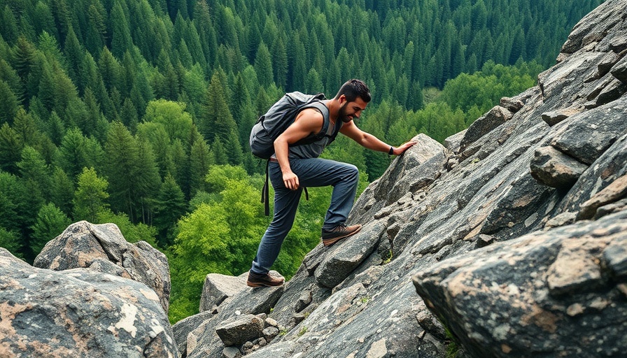 Man hiking 'Eye of the Needle' trail, climbing rocky slope.
