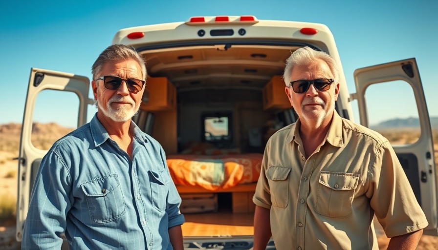Two men showing a low-cost van life setup in a desert location.