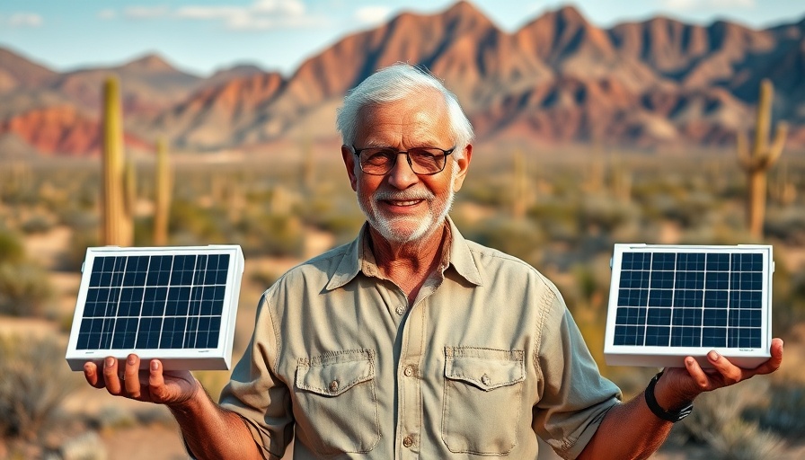 Elderly man demonstrating tiny power stations for van life in desert.