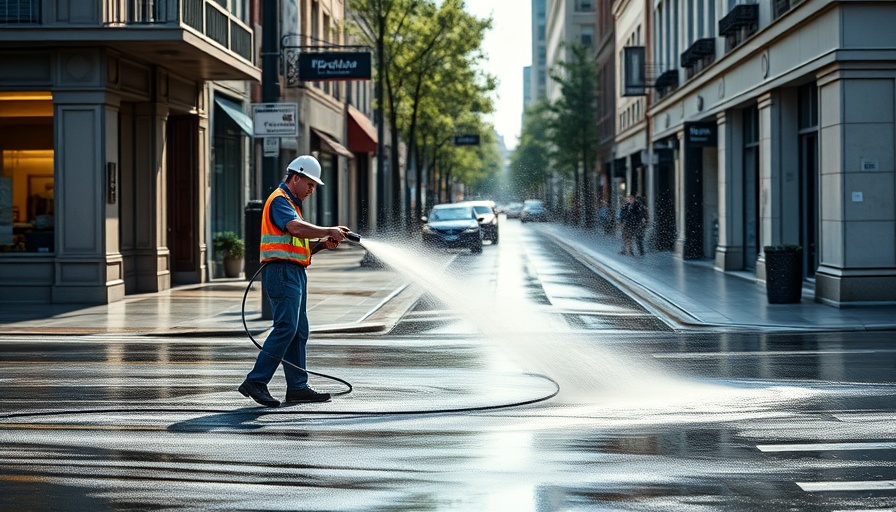 Pressure washing marketing scene with urban street cleaning.