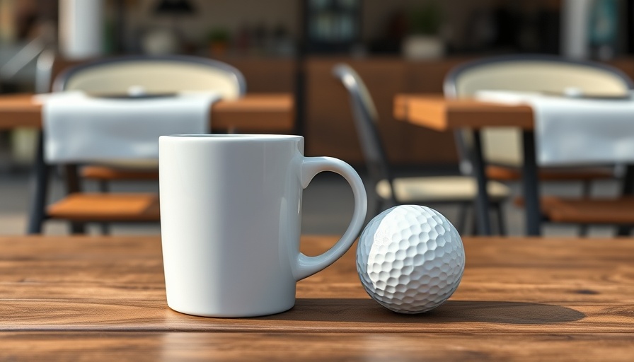 Simple coffee mug with a golf ball on outdoor table, weird coffee mugs.